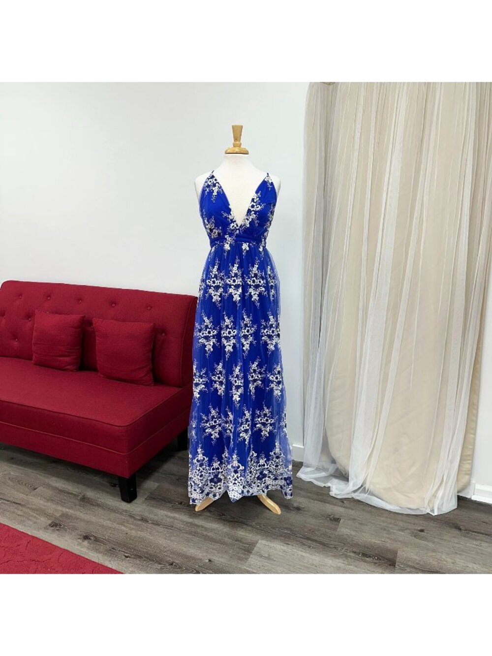 Medium Blue White Floral Sundress Baby Shower Wedding Guest Dress